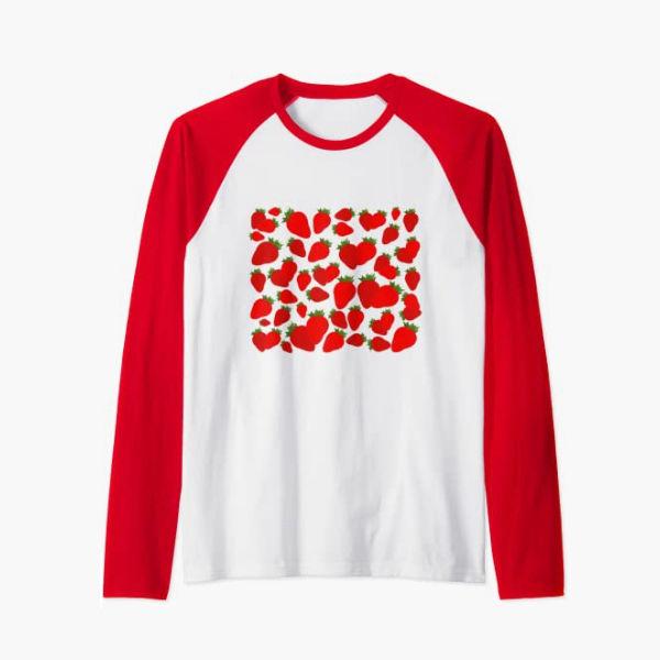 Red Strawberry Summer Pattern Raglan Baseball Tee