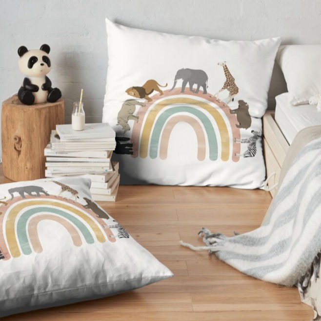 Earthy Colors Watercolor Rainbow Jungle Animals Floor Pillow