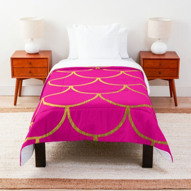 Gold Mermaid Scales Hot Pink Pattern Comforter