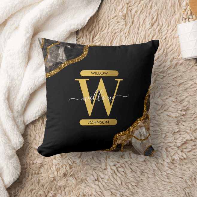 Black & Gold Agate Geode Glitter Monogram Throw Pillow