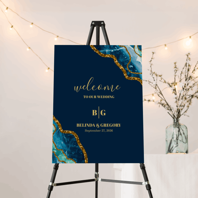 Blue & Gold Agate Geode Glitter Wedding Invitations & Stationery