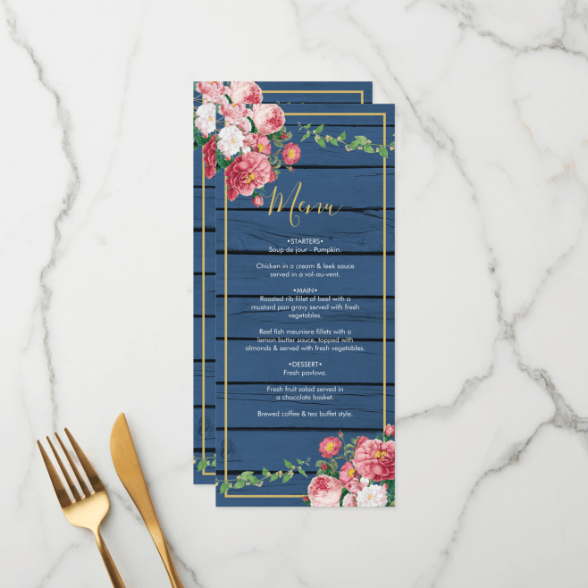 Navy Blue Wood Vintage Pink Roses & Gold Wedding Invitations & Stationery