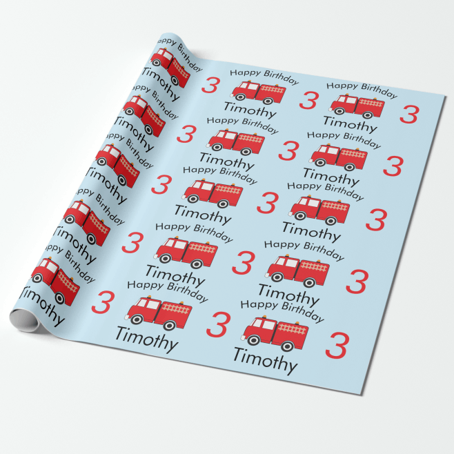 Red Fire Truck Pattern Boy's Name & Age Birthday Wrapping Paper